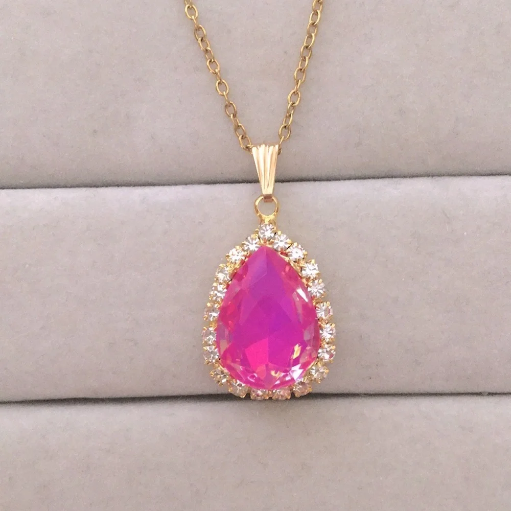 Fuchsia Hot Pink Opal Aurora Borealis + Gold Crystal Halo Drop Pendant Necklace